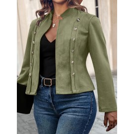 1pc Women'S Plus Size Casual Polyester Jacket with Faux Buttons, Solid Color Knitted Open Front Collar, Stretch Fabric, Autumn/Winter Outerwear