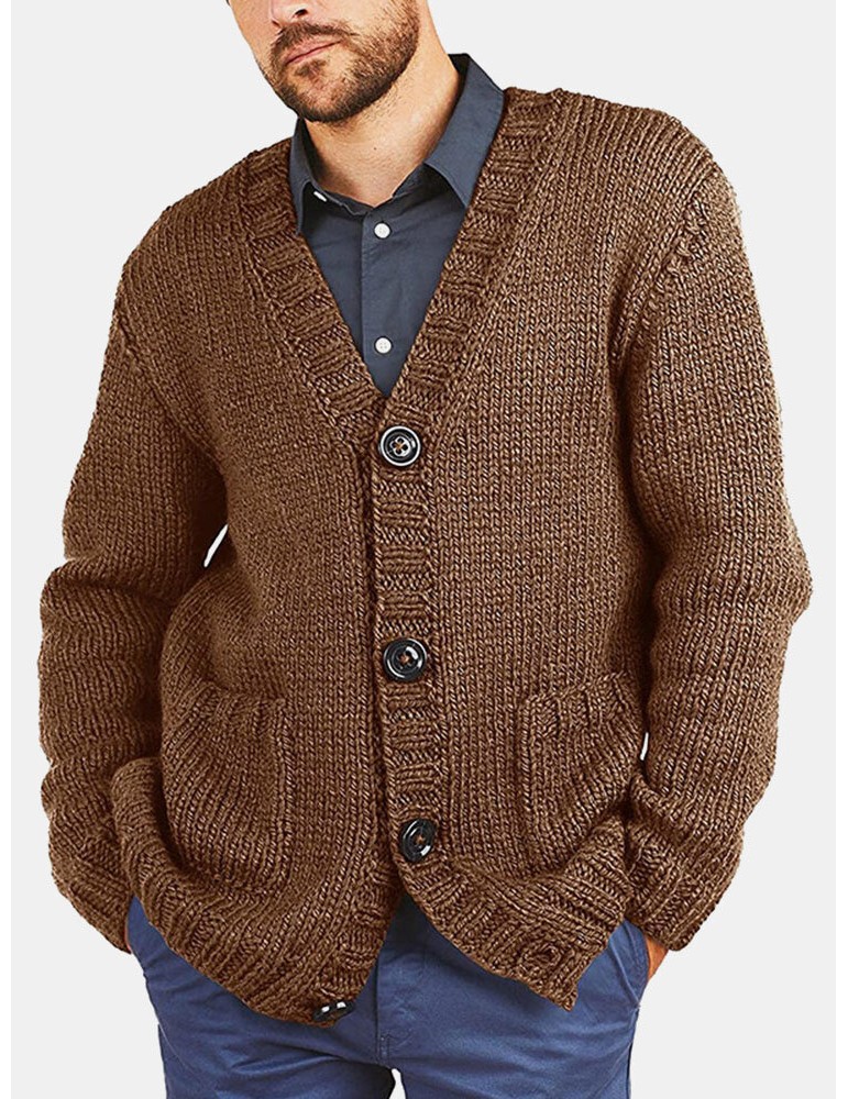 Cardigans - Men Vintage Knit Button V-Neck Double Pockets Casual Cardigans
