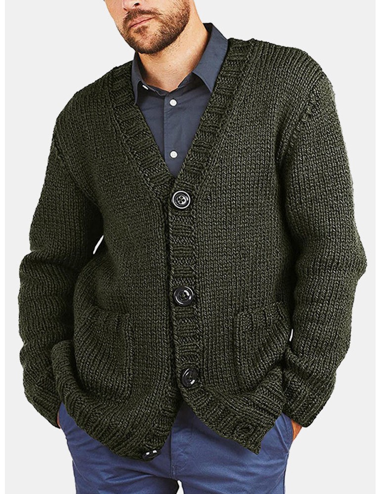 Cardigans - Men Vintage Knit Button V-Neck Double Pockets Casual Cardigans