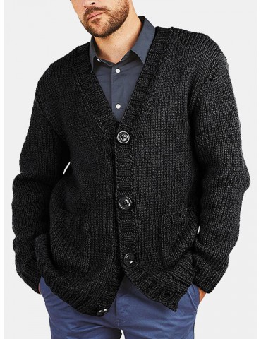 Men Vintage Knit Button V-Neck Double Pockets Casual Cardigans