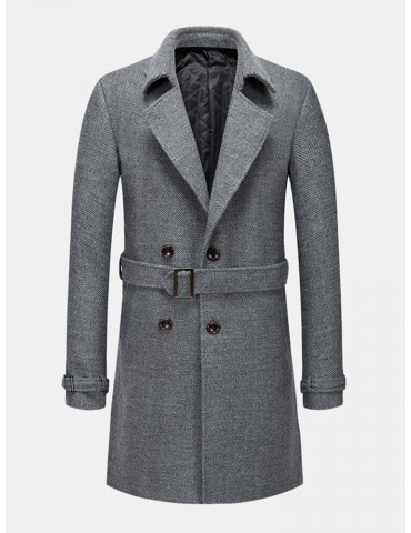 Mens British Style Mid-Length Woolen Thicken Warm Casual Belted Overcoat
