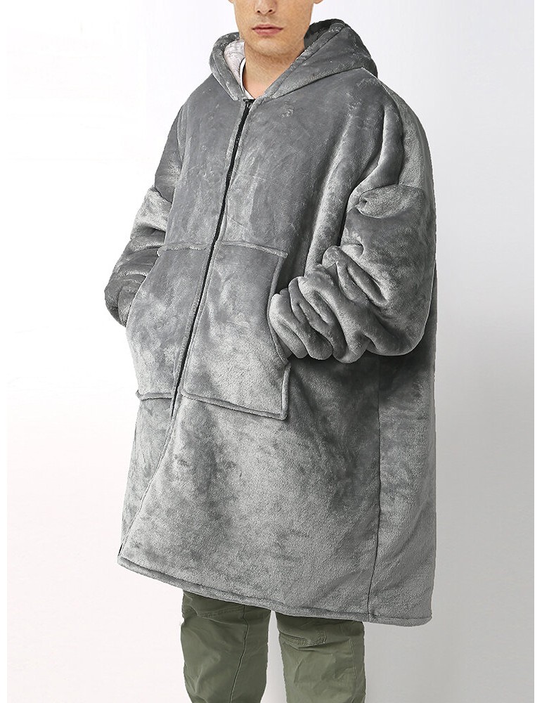 Robes - Mens Flannel Warm Soft Solid Color Zipper Kangaroo Pocket Blanket Hoodie Oversized Home Robes
