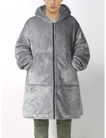 Mens Flannel Warm Soft Solid Color Zipper Kangaroo Pocket Blanket Hoodie Oversized Home Robes