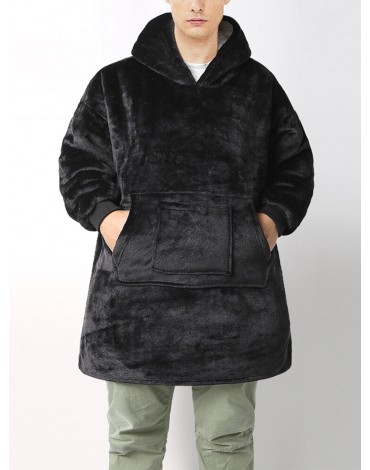 Mens Thicken Flannel Blanket Hoodie Double Pocket Loose Home Robes