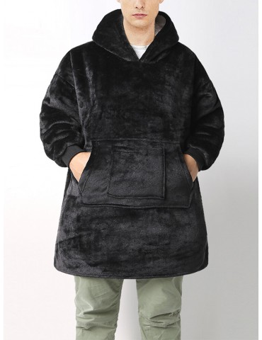 Mens Thicken Flannel Blanket Hoodie Double Pocket Loose Home Robes