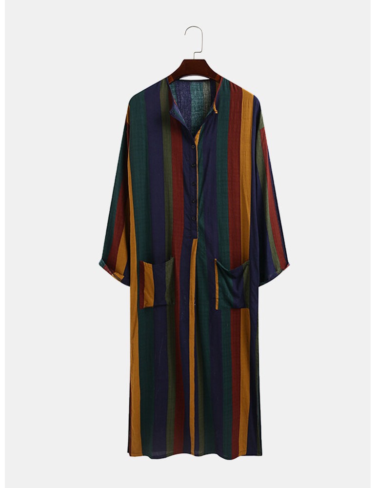 Robes - Mens Vintage Multi-Color Striped Print Button Up Home Casual Long Sleeve Robes With Pockets