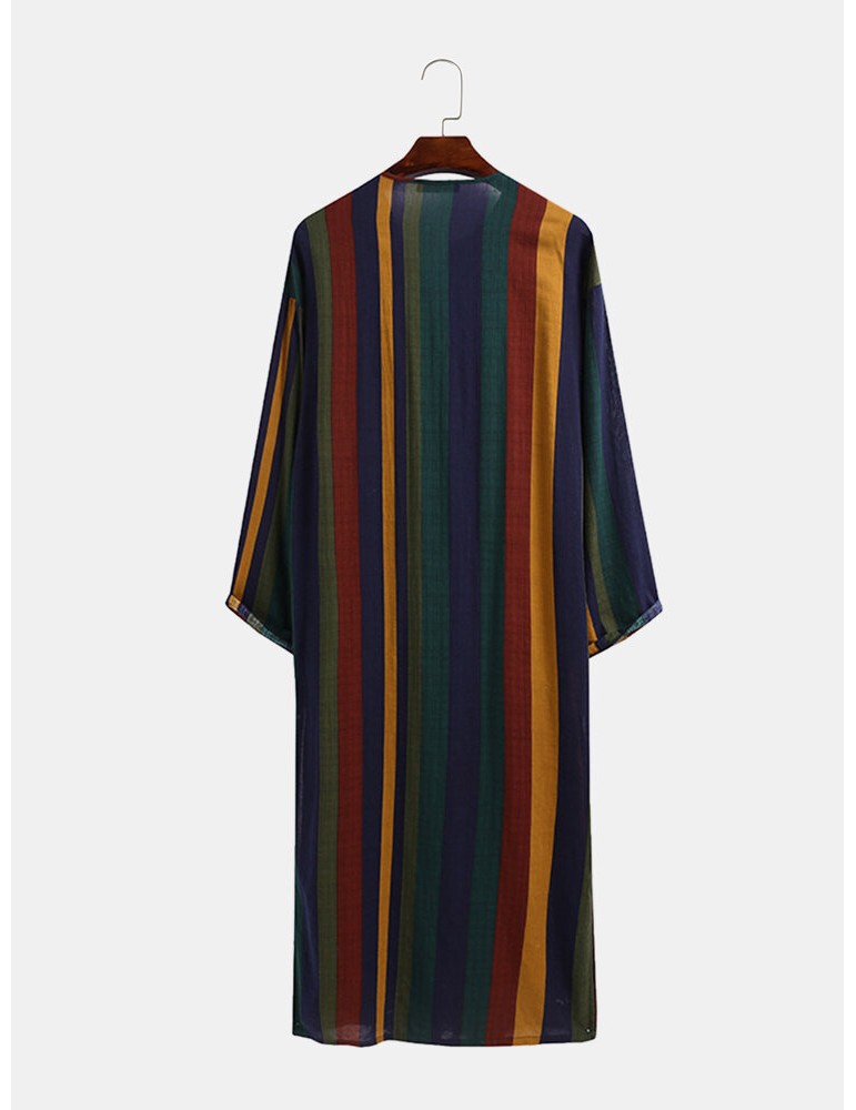 Robes - Mens Vintage Multi-Color Striped Print Button Up Home Casual Long Sleeve Robes With Pockets