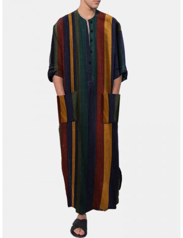 Mens Vintage Multi-Color Striped Print Button Up Home Casual Long Sleeve Robes With Pockets