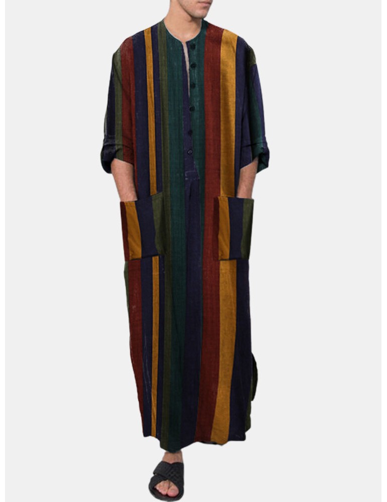 Robes - Mens Vintage Multi-Color Striped Print Button Up Home Casual Long Sleeve Robes With Pockets