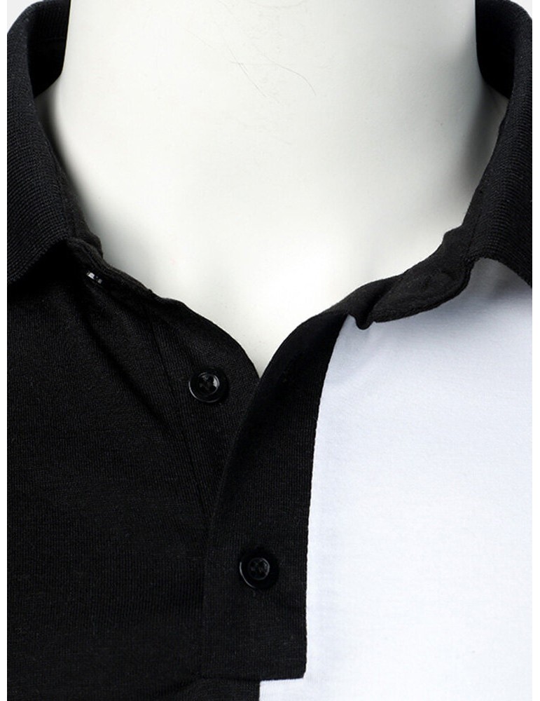 Golf Shirts - Mens Contrast Color Two Tone Patchwork Lapel Long Sleeve Golf Shirts
