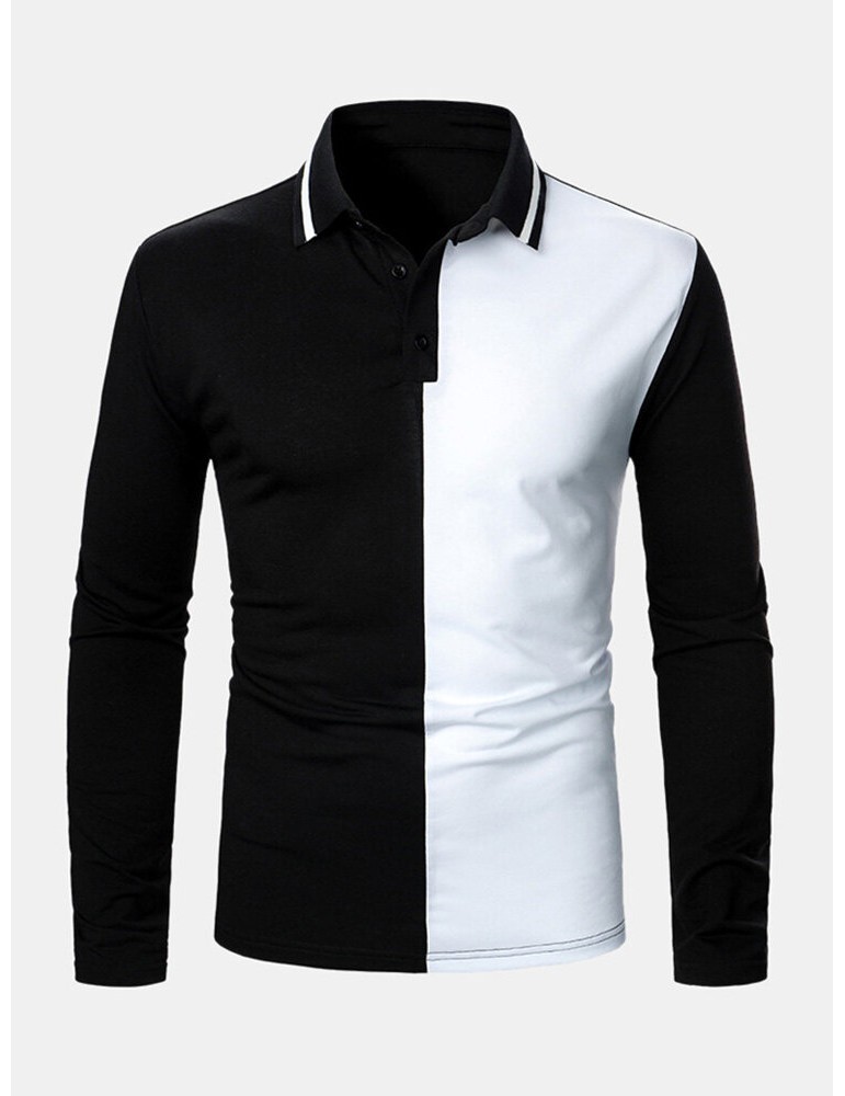 Golf Shirts - Mens Contrast Color Two Tone Patchwork Lapel Long Sleeve Golf Shirts