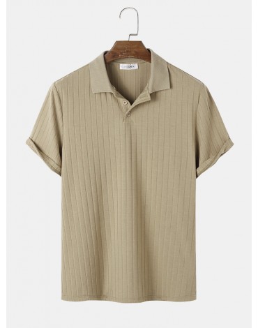Mens Ribbed Texture Solid Color Short Sleeve Casual Golf Shirt