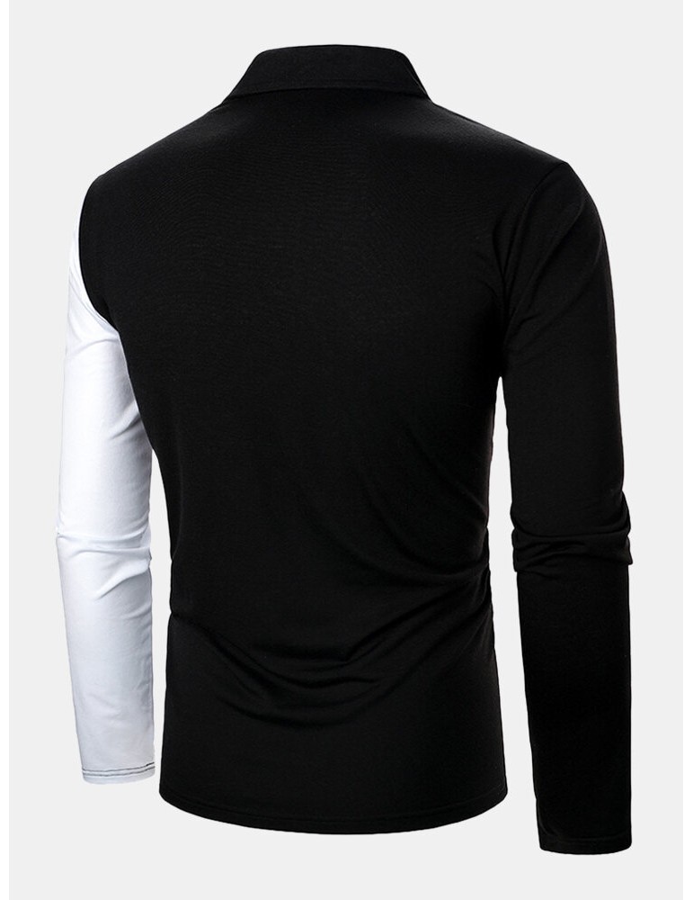 Golf Shirts - Mens Tricolor Patchwork Long Sleeve Golf Shirts With Chest Pocket