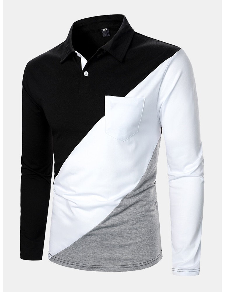 Golf Shirts - Mens Tricolor Patchwork Long Sleeve Golf Shirts With Chest Pocket