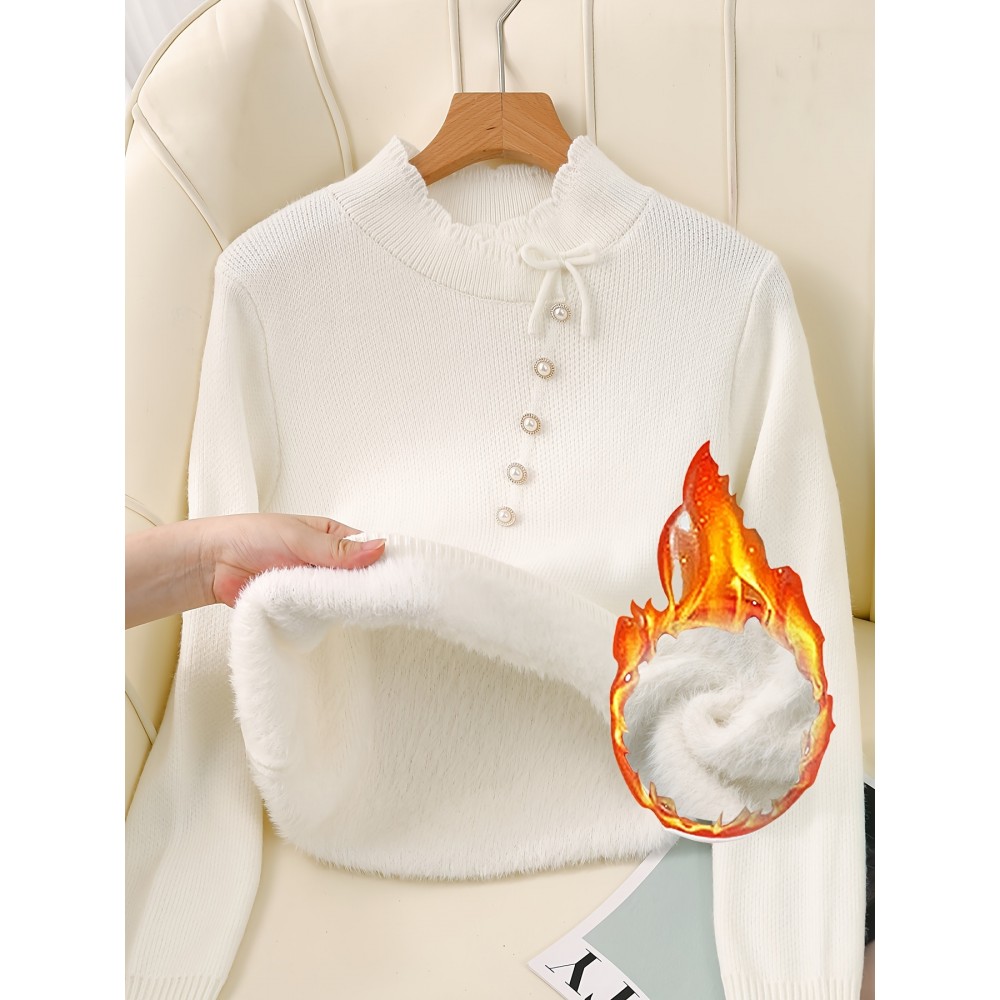 Women's Thick & Soft Sweater with Bow Buttons - Winter Warm Round Neck Long Sleeve Cozy Sweater, Beige & White Cable- Design, All-Season Casual Elegant Pullover for Fall and Winter Layering, Hand Wash or Dry Clean, Solid Color with Bow Detail, Medium Stretch, Relaxed Fit, Fleece Lining for Extra Warmth, Chic and Comfortable for Casual Attire, Cozy Sweaters For Women, Casual Long Sleeve Sweater, Oversized Knit Sweater, Colourfull Loose Sweater For Women,