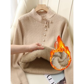 Women's Thick & Soft Sweater with Bow Buttons - Winter Warm Round Neck Long Sleeve Cozy Sweater, Beige & White Cable- Design, All-Season Casual Elegant Pullover for Fall and Winter Layering, Hand Wash or Dry Clean, Solid Color with Bow Detail, Medium Stretch, Relaxed Fit, Fleece Lining for Extra Warmth, Chic and Comfortable for Casual Attire, Cozy Sweaters For Women, Casual Long Sleeve Sweater, Oversized Knit Sweater, Colourfull Loose Sweater For Women,