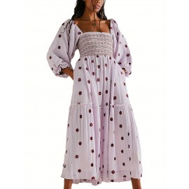 Women'S Floral Embroidered Maxi Dress with Puff Sleeves, Square Neck, Draped Tiered A-Line Skirt, 100% Polyester, Casual Summer Knit Fabric - Flowy Long Dress