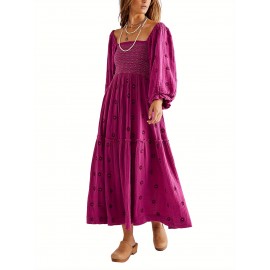 Women'S Floral Embroidered Maxi Dress with Puff Sleeves, Square Neck, Draped Tiered A-Line Skirt, 100% Polyester, Casual Summer Knit Fabric - Flowy Long Dress