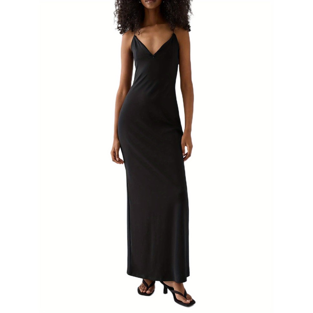 1pc Elegant Solid Color Slingback Evening Gown for Women - Off the Shoulder V-Neck Sleeveless Fitted Spaghetti Strap Long Dress - Woven Fabric for Spring/Summer/Fall