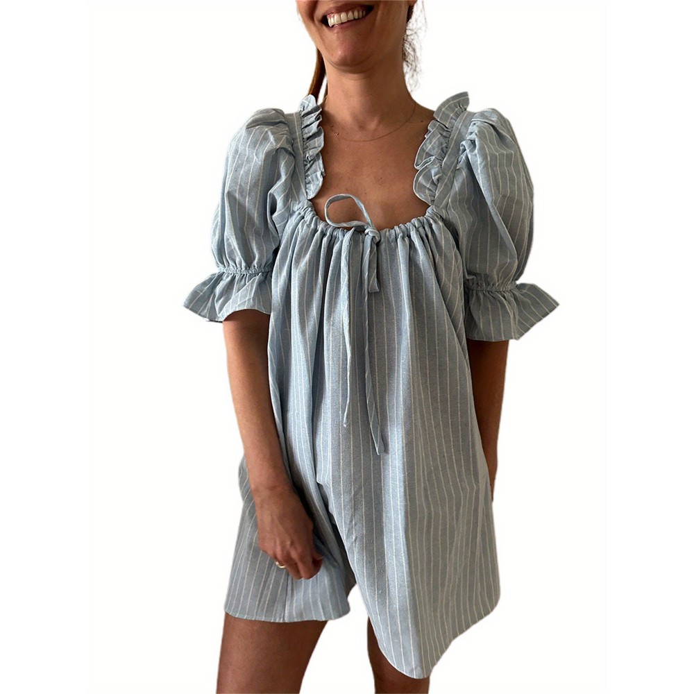 Womens Striped Babydoll Dress Loose Ruffle Trim Scoop Neck Puff Sleeve Backless Mini Dress for Daily Party Club
