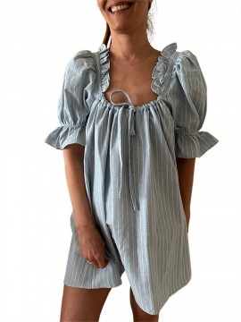 Womens Striped Babydoll Dress Loose Ruffle Trim Scoop Neck Puff Sleeve Backless Mini Dress for Daily Party Club